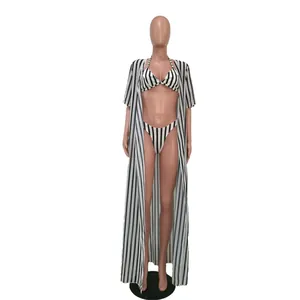 Detailed front view of 3-piece black and white striped bikini set with long cover-up