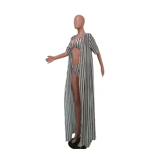 Three-piece striped bikini set with a long matching floor-length cover-up