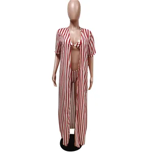 Full view of three-piece bikini set with red and white stripes on a studio mannequin