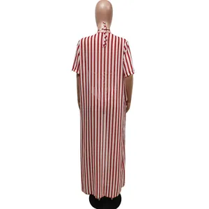 Back view of a red and white vertical striped long beach cover-up robe on a mannequin