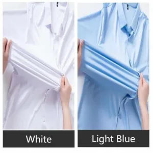 Detailed view of high-stretch men's long-sleeve shirts in white and light blue shades