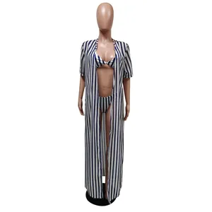 Three-piece swimwear set with blue white vertical striped bikini and long cover-up