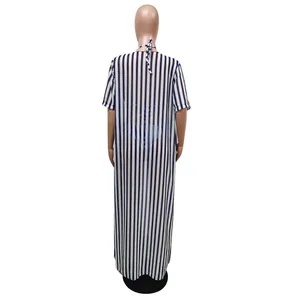 Back view of long blue and white striped sheer beach cover-up on mannequin