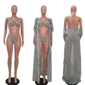 Three-piece black and white striped bikini set with long cover-up shown in multiple views