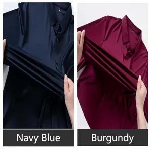 Detail of high-elastic men's ice silk shirt demonstrating stretch and smooth texture