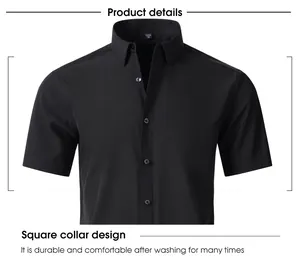 Macro detail view of black short sleeve men's shirt featuring a square collar design