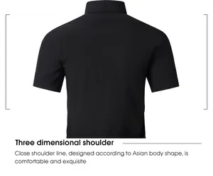 Detail view of the three-dimensional shoulder construction on a black men's shirt