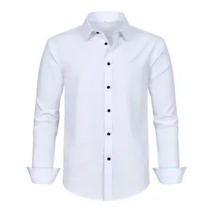 Frontal detail of a men's white four-way stretch wrinkle-resistant shirt with black buttons.