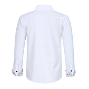 Back view of a white men's plus size wrinkle-resistant four-way stretch dress shirt
