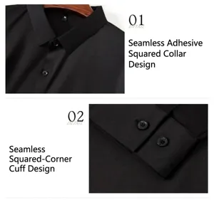 Detail view of seamless black shirt collar and cuffs showing smooth textured fabric