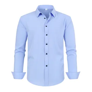 Front view of men's light blue stretch wrinkle-free dress shirt with black buttons
