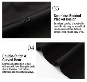 Detailed macro shot showing seamless placket and double-stitched curved hem on black men's shirt