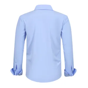Back view of light blue men's stretch anti-wrinkle dress shirt in a loose plus-size fit