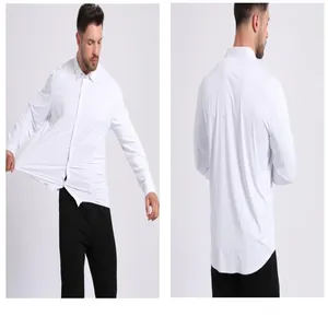 Detail showing high elasticity and back view of men's seamless white long sleeve shirt