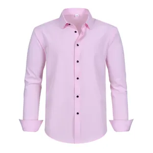 Men's light pink long-sleeved four-way stretch anti-wrinkle plus-size dress shirt