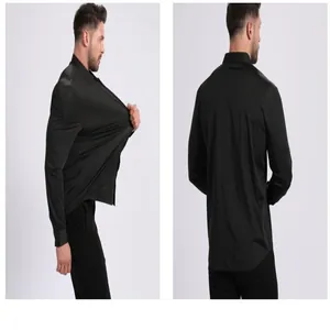 Rear and side views of men's high-stretch seamless long-sleeved shirt in black color
