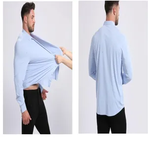 High elasticity demonstration on light blue men's ice silk long sleeve shirt for summer