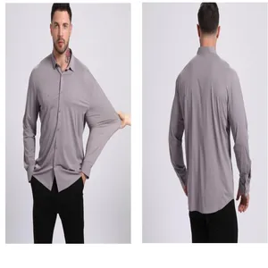 Men's gray long-sleeve shirt detail showing seamless high elasticity and clean back view.