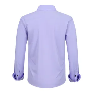 Back view of a light purple wrinkle-resistant men's plus size stretch dress shirt