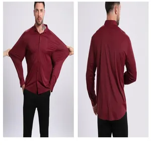 Detailed view of high-elasticity maroon men's ice silk long-sleeved shirt with stretch.