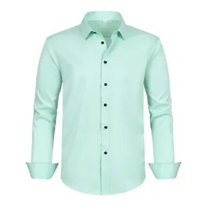 Detailed macro view of a mint green four-way stretch anti-wrinkle dress shirt for men.