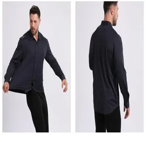 Detailed view of high-elastic men's long-sleeve shirt showing stretchable fabric texture