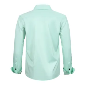 Back view of a mint green wrinkle-resistant men's shirt with four-way stretch fabric