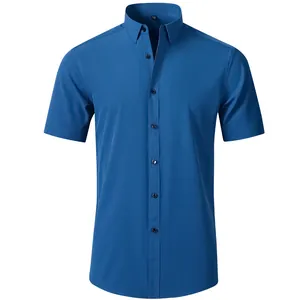 Men's blue short-sleeve stretch shirt with non-iron fabric for summer business casual
