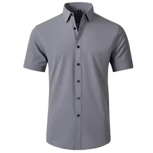 Men's grey short-sleeve button-up shirt made from premium four-way stretch fabric