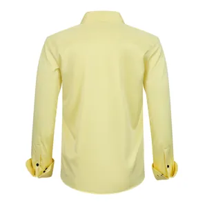 Detailed back view of a light yellow wrinkle-resistant stretch shirt for men plus size