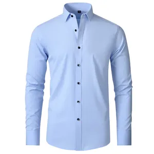 Premium light blue men's four-way stretch wrinkle-resistant slim fit business dress shirt