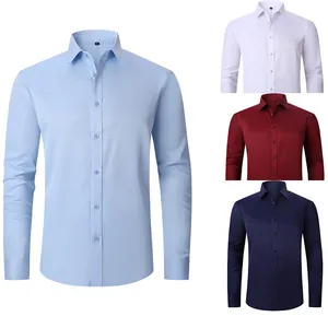 Detailed view of four-way stretch men's business shirts in multiple solid colors