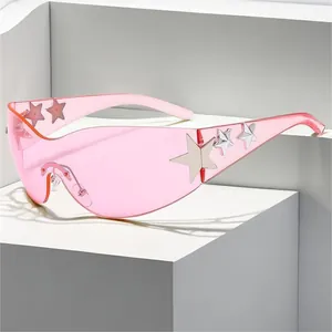 Detailed close-up shot of pink rimless star sunglasses with UV400 protection on white stands