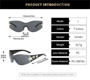 Product dimensions and technical specifications for rimless star sunglasses with UV400 protection.