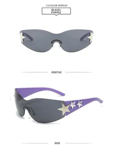 Detailed front and side views of purple rimless sunglasses featuring silver star accents