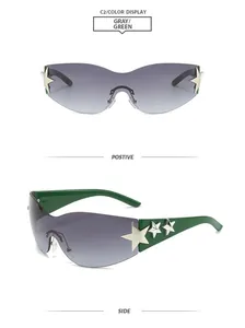 Detailed front and side views of rimless sunglasses with stars and green temples