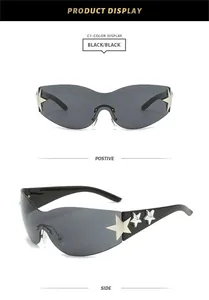 Macro view of black rimless sunglasses with star accents and high UV protection lenses