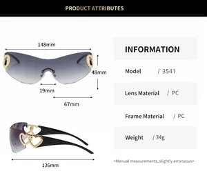 Y2K rimless sunglasses for women with heart hollow temples and detailed size parameters