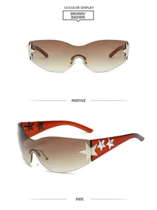 Side and front view of brown rimless sunglasses featuring decorative star details.