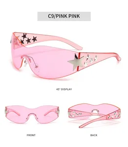 Multi-angle views of pink rimless star sunglasses with 45-degree, front, and back displays