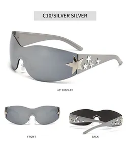 Detailed view of silver rimless sunglasses with star decorations from multiple angles.
