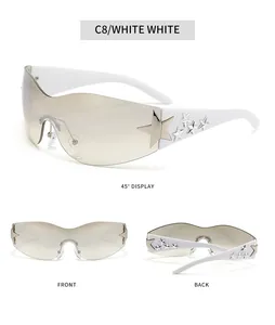 Multi-angle view of white rimless sunglasses with silver star accents and UV400 protection.
