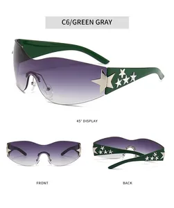 Multi-angle views of green rimless star-decorated sunglasses with purple gradient lenses