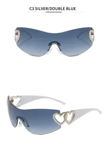 Detailed view of Y2K rimless sunglasses featuring silver frames and double blue lenses.