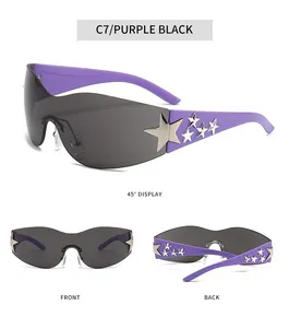 Detailed views of purple rimless sunglasses with star decorations