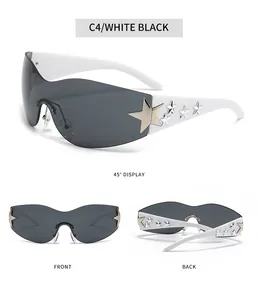 Detail view of rimless sunglasses with star accents showing front and back angles