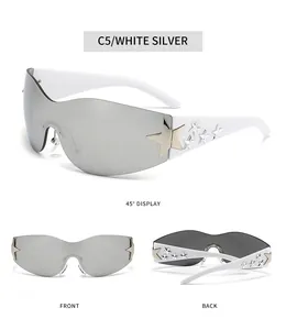 Multiple views of rimless sunglasses with silver lenses and white star-studded temples.