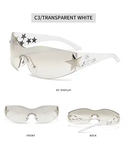 Detailed multi-angle view of Y2K rimless sunglasses with star accents in transparent white