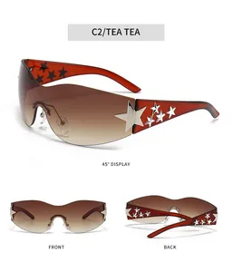 Multi-angle views of rimless gradient brown sunglasses with silver star details