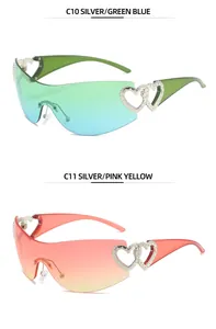 Detail of Y2K rimless sunglasses with heart-shaped frames in two gradient colors